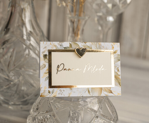 Winietki glamour ślubne winietki z kwiatami, złote lub srebrne napisy, winietki na stół weselny ze złotym sercem, różowo złote winietki na ślub, dekoracje stołów weselnych 