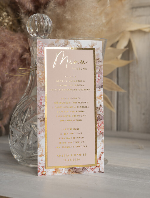 Menu glamour karta dań weselnych menu weselne plan podawania posiłków, złote lub srebrne napisy wasza treść, różowo złote menu weselne