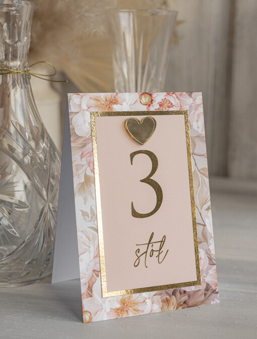 Numery na stół Glamour elegancki numerek na stół weselny, różowo złoty numer na stół weselny, dekoracja na stoły weselne, numery na stoły weselne ze złotym sercem 
