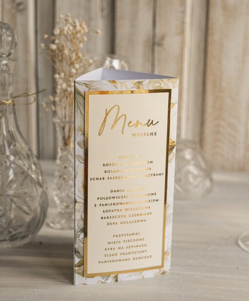 Menu glamour karta drików, menu i numerek na stół weselny, karta dań weselnych, złote menu weselne, menu i numerek na stół w jednym, eleganckie menu na stół weselny