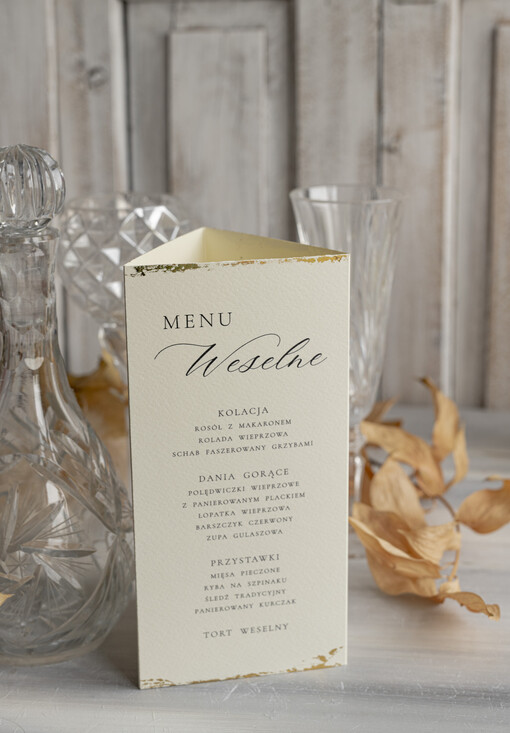Menu glamour stojące menu na stół weselny, menu i numerek na stół w jednym karta dań i karta drinków, złote menu weselne z perełkami dowolna treść 