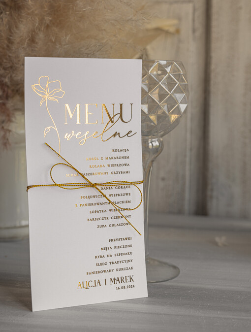 Menu glamour menu weselne plan podawania posiłków na weselu, złote i eleganckie na klasyczne wesele, karta dań weselne menu  glamour złote litery wasza treść